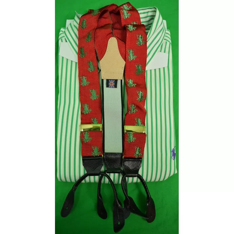 "Albert Thurston Made In England Grosgrain Green Frog w/ Ruby Red Braces"
