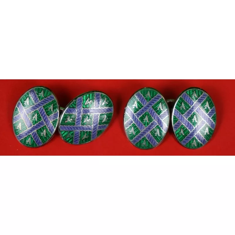 "Asprey Pair x Vermeil Enamel Sterling Lavender/ Green Oval 'A' Cufflinks"