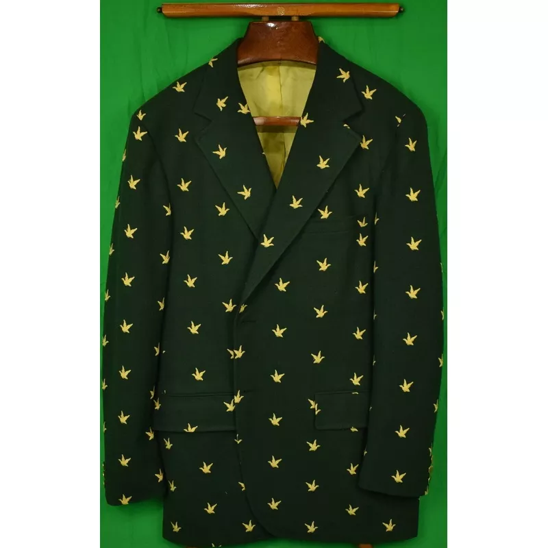"Chipp Hunter Green Doeskin Flannel c1974 Blazer w/ Embroidered Gold Ducks" Sz 46L