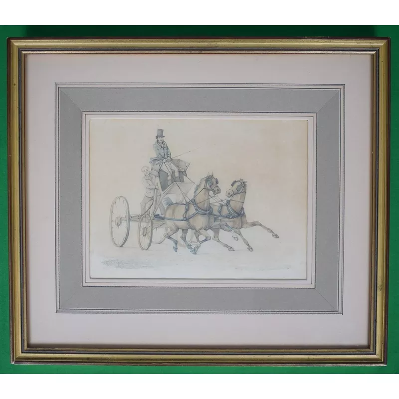 "Driving a Pair in a Horse-Breaker's Skeleton Brake" 18th C. Watercolour by Henry T. Alken Sr.
