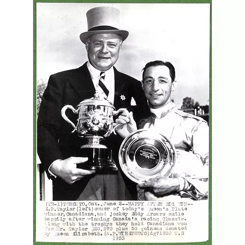 "E.P. Taylor, Owner Of The 1953 Queen's Plate Winner Canadiana w/ Jockey Eddy Arcaro"