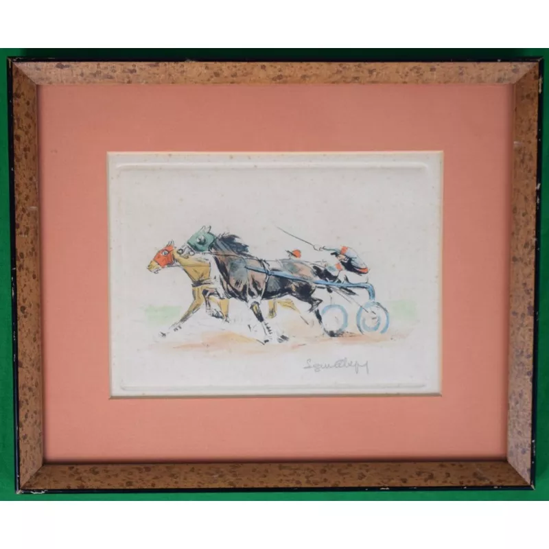 "French Harness Racing Hand-Colored Print" (Pencil Signed LR)