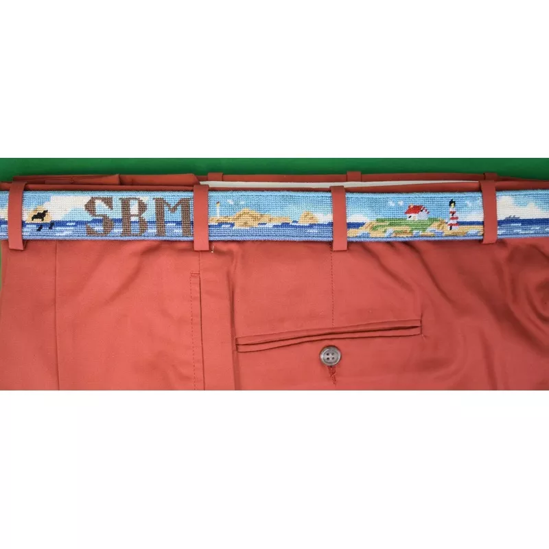 "Hand Needlepoint Boy's Belt w/ Seal Harbor, Maine Scene" Sz 28 (LNWOT)