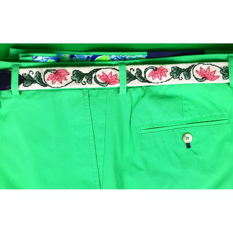 "Hand-Needlepoint Pink/ Green Floral Print Belt" Sz 35 (SOLD)