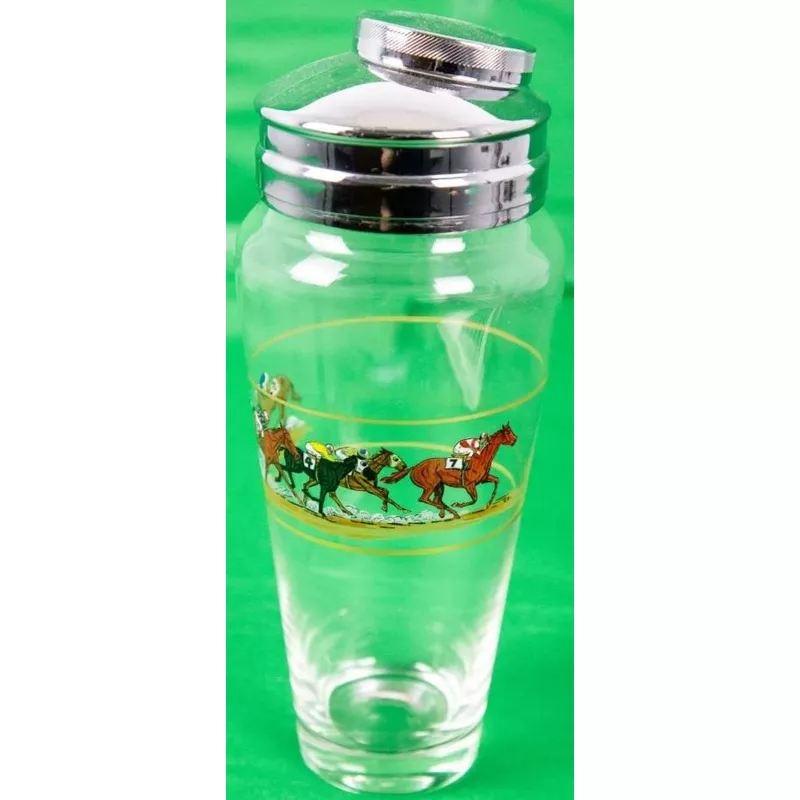 "Hand-Painted (6) Racehorses Glass Cocktail c1930s Shaker w/ Chrome Lid/ Spout" (SOLD)