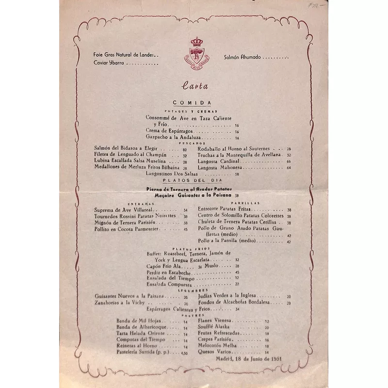 "Hotel Ritz Madrid Menu" 1951