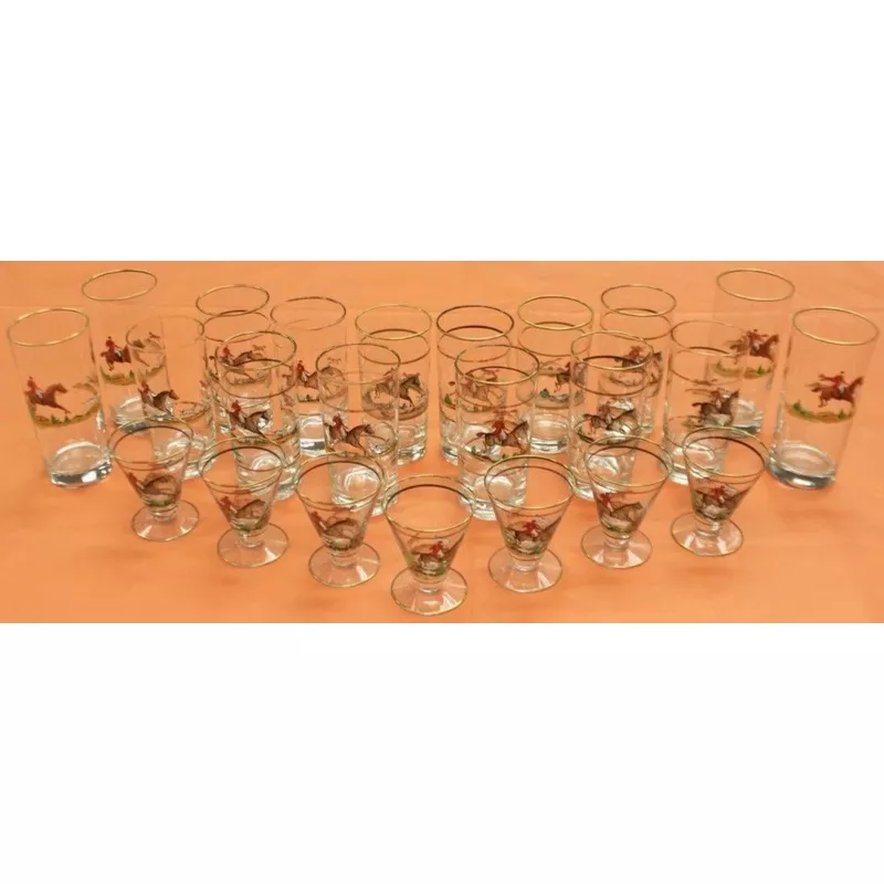 "Set x 23 Hand-Painted Fox-Hunt c1930s Glasses"